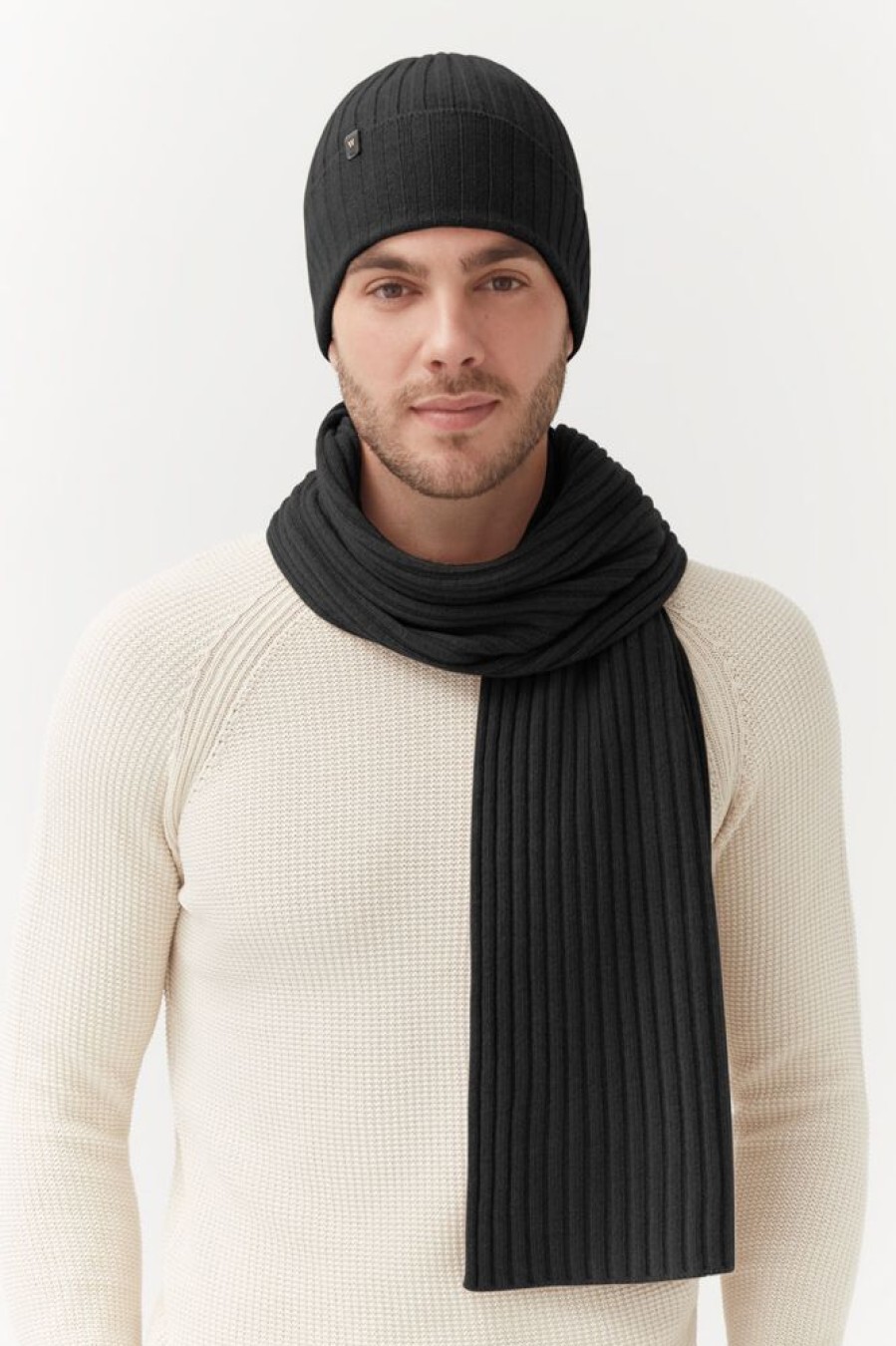 Accessories Cuyana | Mens Wool Cashmere Ribbed Scarf Black