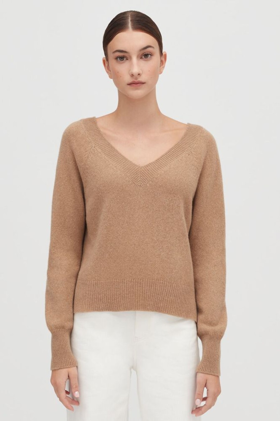 Clothing Cuyana | Cashmere Deep V-Neck Sweater Camel