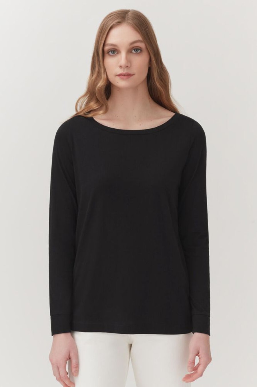 Clothing Cuyana | Pima Boatneck Long Sleeve Tee Black