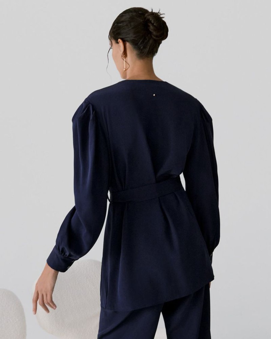 Clothing Cuyana | Silk Puff Sleeve Wrap Navy