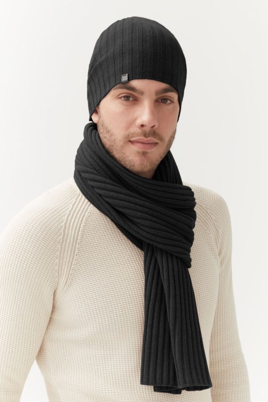 Accessories Cuyana | Mens Wool Cashmere Ribbed Beanie Black